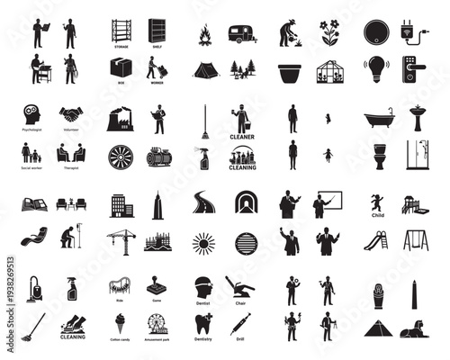 A collection of various black silhouettes depicting everyday life and activities silhouette
