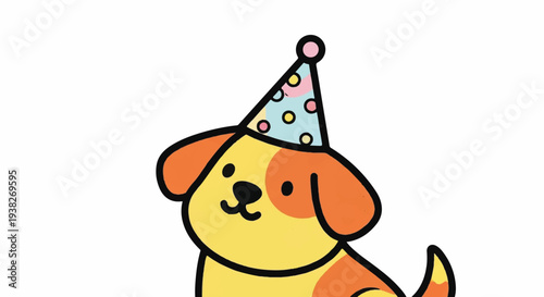 A happy dog wearing a colorful party hat celebrates a joyful occasion in a playful illustration.