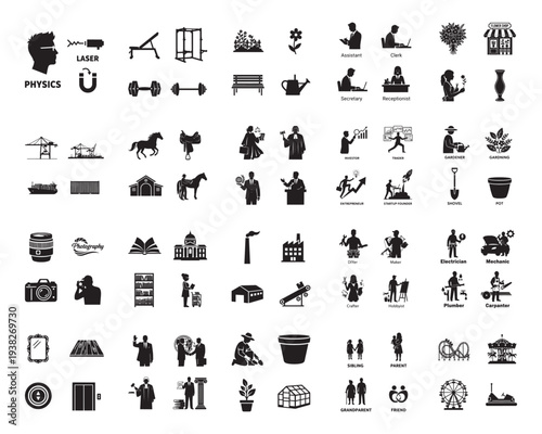 A collection of various black silhouettes on a white background, showcasing everyday life and objects in silhouette mode