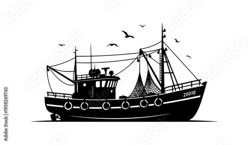 Single Fishing Boat Silhouette Vector in Black with Flat Minimalist Nautical Design and Seagulls