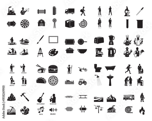 A collection of various black silhouettes of objects and people on a white background silhouette