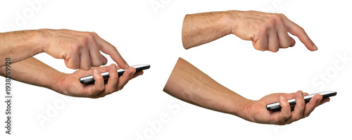 Human hairy hand holding mobile phone with blank screen and other hand pointing finger separately side view isolated on white