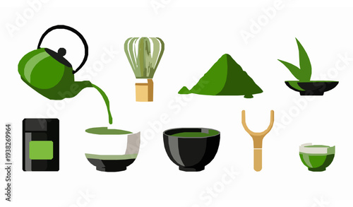 Matcha green tea ceremony vector set with whisk bowl teapot and powder traditional Japanese drink elements