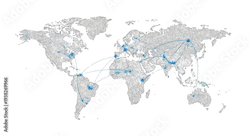 Global network connections illustration showing international communication and data exchange across continents on a world map
