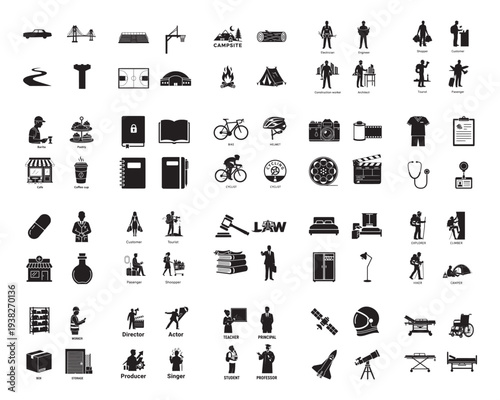 A collection of various black silhouettes of objects and people on a white background silhouette
