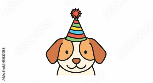 A cartoon dog wearing a colorful party hat celebrates a joyful occasion with a festive atmosphere and playful demeanor in an illustration.