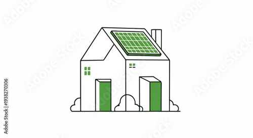 Simple line illustration of a house with solar panels on the roof and green doors from a front viewpoint