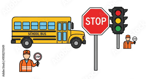 School bus stopping at a traffic light with safety personnel nearby on a roadside