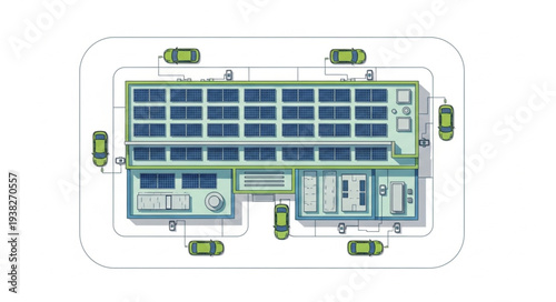 Aerial view of a modern solar power plant with photovoltaic panels and surrounding vehicles.