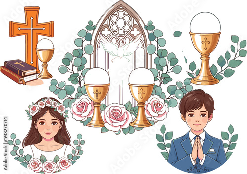 First Holy Communion Religious Set with Chalice, Cross, Bible, Church Window and Children Illustration