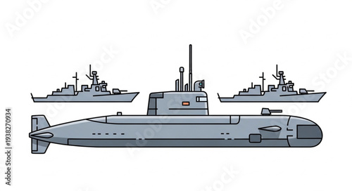Submarine and Naval Ships Illustration.