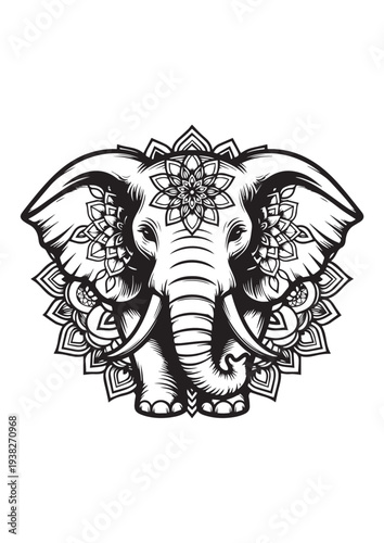 Elephant Mandala Coloring Page Line Art – Decorative Zentangle Elephant Illustration
