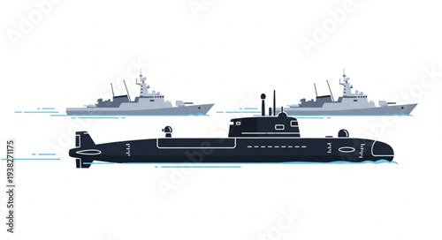 Submarine and Naval Warships Illustration.