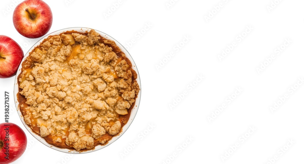 Fototapeta premium Apple crumb pie dessert with fresh apples on plain white background with copy space