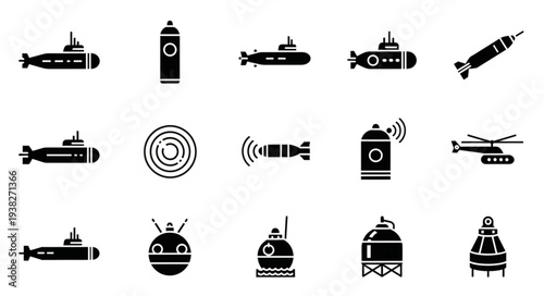 Submarine Icons Collection Black Silhouettes.