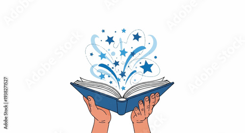 Hands holding an open blue book with magical stars and swirls emerging from its pages in a whimsical illustration