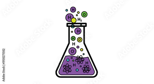 A colorful illustration of a conical flask with purple liquid and atoms rising into the air from a science laboratory perspective