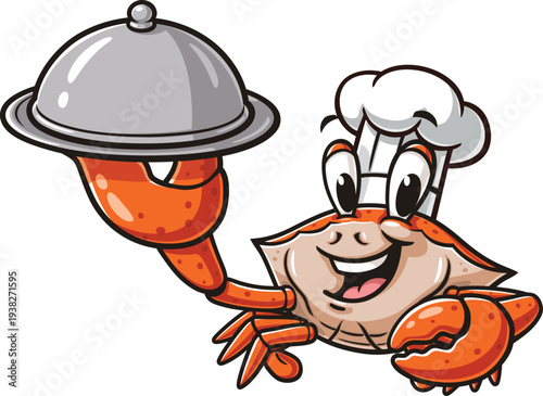 Crab mascot cartoon carrying a serving tray