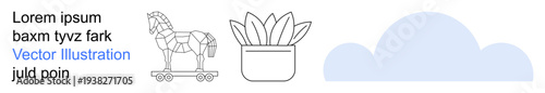 Cybersecurity, environmental awareness, minimal designs, nature, digital threats, decor . Outline of Trojan horse, potted plant and cloud. Cybersecurity and environmental awareness graphics