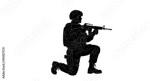 Soldier Kneeling and Aiming Rifle.