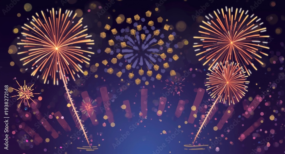 Naklejka premium Delightful cartoon fireworks bursting in lively party themed background