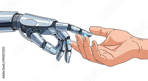 A robotic hand and a human hand reaching towards each other in a gesture of interaction and futuristic connection.