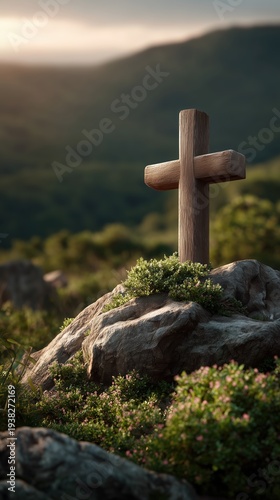 Wallpaper Mural Wooden Cross on Hill at Sunrise with Sunlight Illuminating the Scene Torontodigital.ca