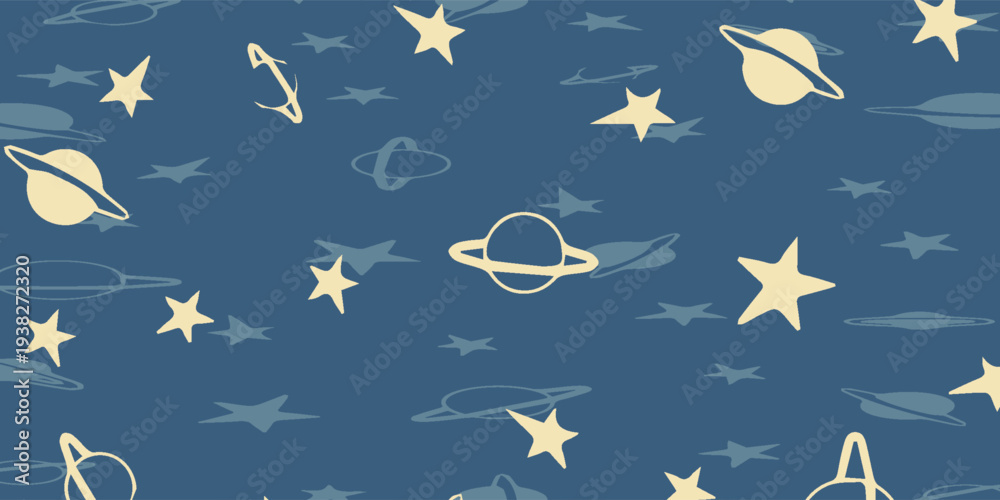 Fototapeta premium Hand-drawn celestial pattern with stars and planets on dark blue background.