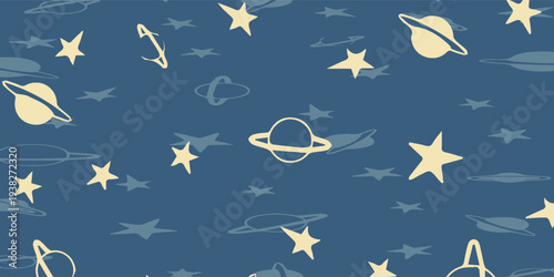 Hand-drawn celestial pattern with stars and planets on dark blue background.