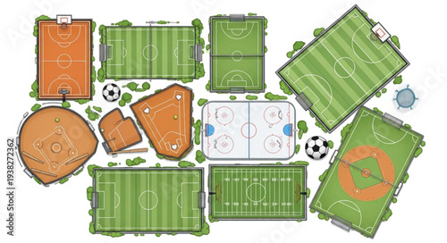 Collection of Various Sports Fields and Courts Illustration.