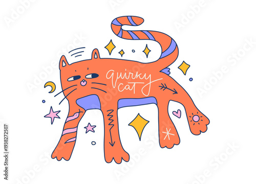 Quirky orange cat vector illustration with mystical tattoos and moon. Hand drawn cute weird animal character with uneven lines. Groovy abstract childish pet design for stickers and fun t-shirt print.