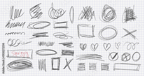 Hand drawn chaos scribble vector set on grid paper. Abstract pencil sketches, messy squiggles and rough pen strokes. Chaotic ink doodle shapes for grunge design, punk posters and text notes.