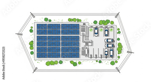 Aerial view of a solar panel farm with parking lot and green spaces.