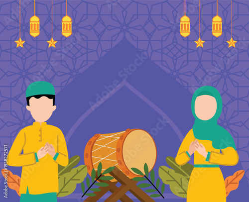 islamic celebration template with couple muslim cartoon and islamic ornamen. flat horizontal islamic celebration template with illustration of couple muslim