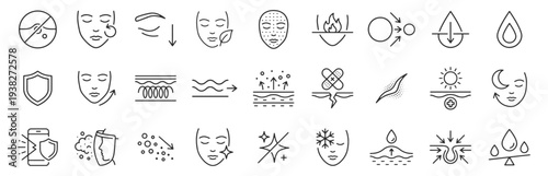 Skin concern benefits line icon set. Anti acne, wrinkle reduction, hydration droplet, barrier shield, cooling snowflake, overnight recovery outline vector illustrations. Signs for skincare treatment.