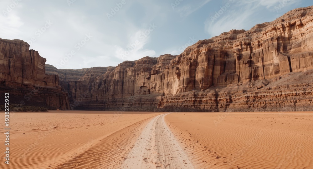 Fototapeta premium Desert pathway bordered by towering stone cliffs and golden sand