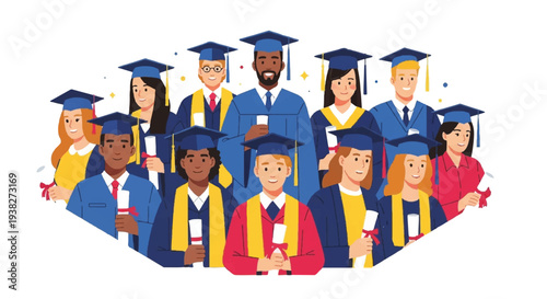 Diverse group of graduates in caps and gowns celebrating achievement together