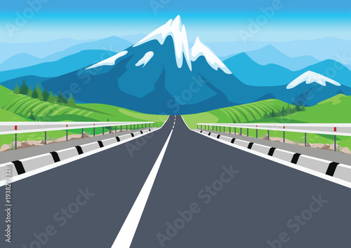 An asphalt road along a green meadow leading to a large mountain. Active recreation. Hand-drawn vector illustration of summer vacation.