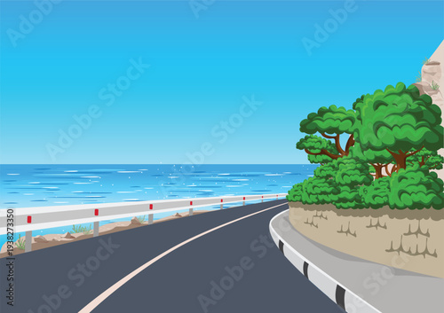 An asphalt road along the blue sea and a large mountain. Active recreation. Hand-drawn vector illustration of a summer vacation.