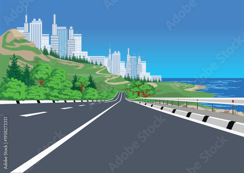 An asphalt road along the blue sea leading to a large city. Active recreation. Hand-drawn vector illustration depicting a summer vacation.
