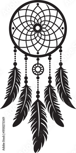Traditional dreamcatcher silhouette with intricate webbing and hanging decorative feathers
