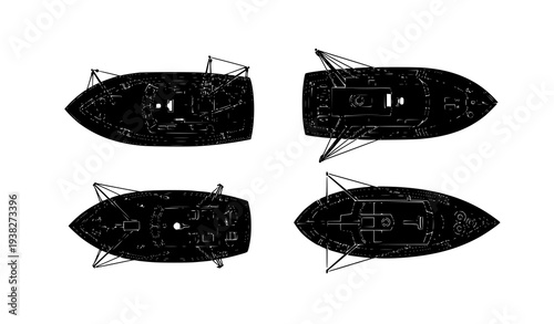 Top-Down Fishing Boat Silhouettes Vector in Black with Flat Minimalist Style for Marine Design