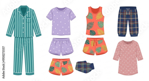 Vector set of colorful pajamas and sleepwear icons isolated on white background