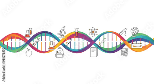 Multicolored DNA double helix illustration surrounded by scientific icons and symbols representing genetic research and molecular biology concepts from a straightforward viewpoint
