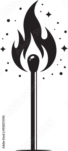 Burning matchstick with flame and sparkles symbol of ignition inspiration