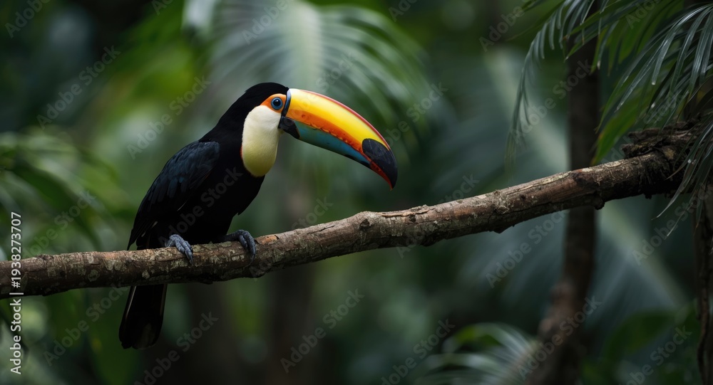Naklejka premium A colorful toucan bird resting on a tree branch in the tropical forest
