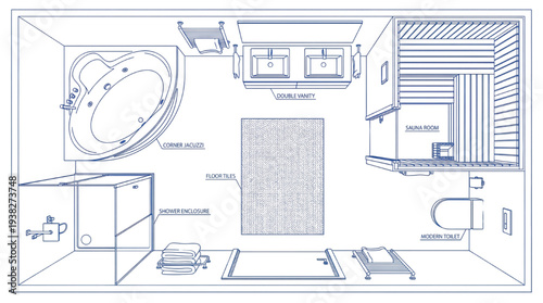 Top View Luxury Bathroom and Spa Fixtures Vector Set: Jacuzzi, Shower, Vanity, and Sauna Plan Symbols