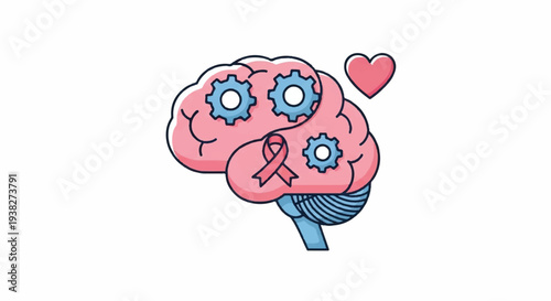 Illustration of a human brain with gears and a heart symbolizing mental health and cognitive function from a symbolic viewpoint
