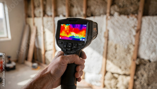 Professional technician hold thermal camera to detect heat loss in home insulation. Concept of energy efficiency and building inspection