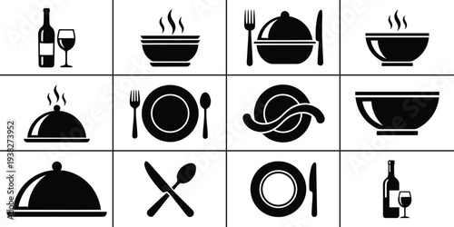 Restaurant and food icons set in black silhouette on white background